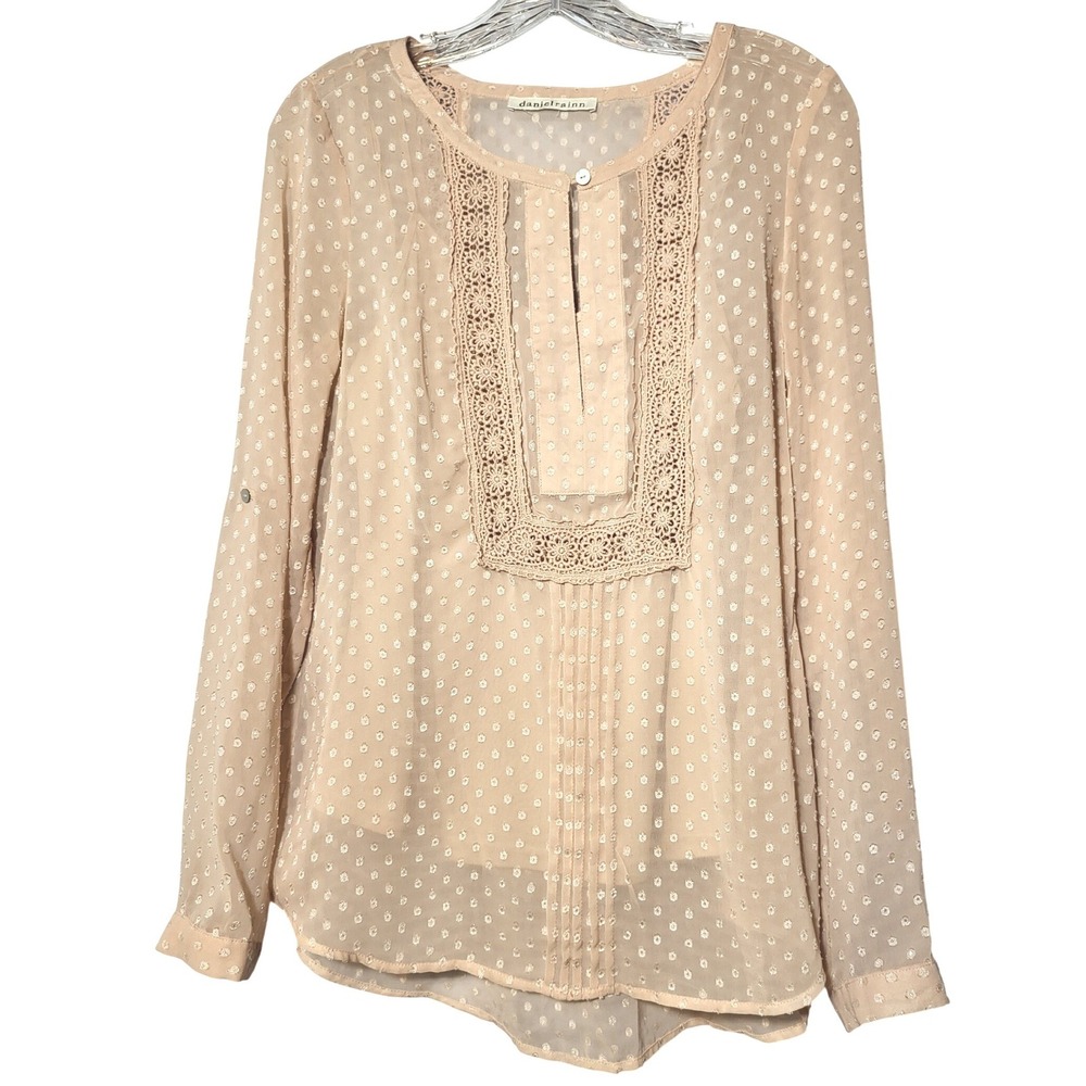 Daniel Rainn Blush Pink Clip Dot Crochet Lace Split Neck Roll Tab Blouse Medium